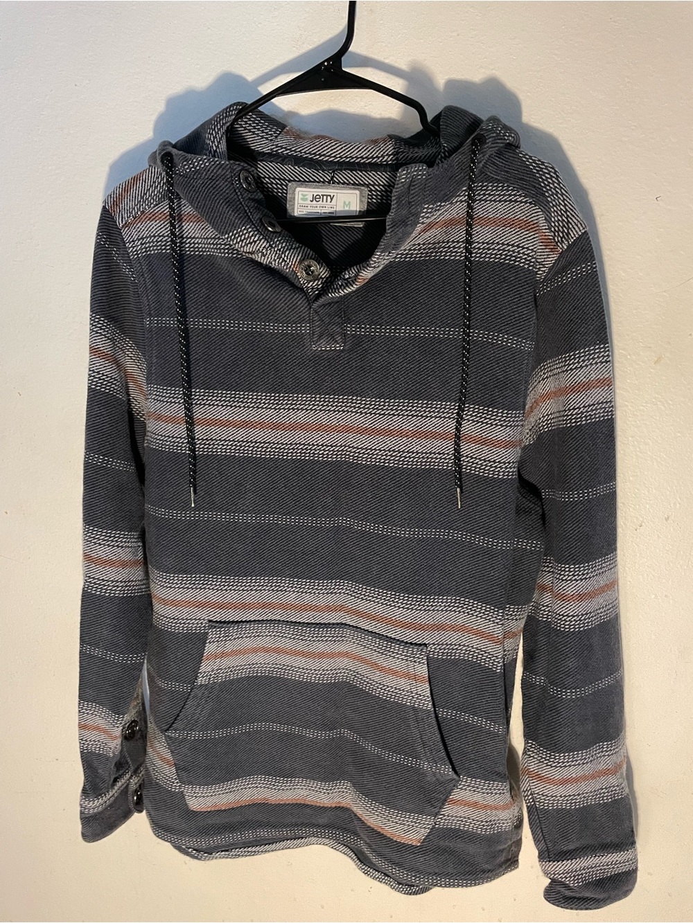 Jetty Men’s Striped Hooded Pullover - Charcoal Gray with Rust Stripes